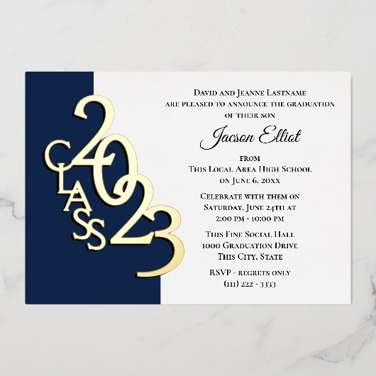 Invitation En Aluminium Classe 2023 Graduation Marine et Or (Recto)