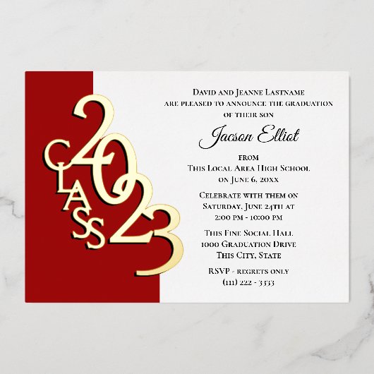 Invitation En Aluminium Classe 2023 Graduation Red and Gold Foil (Recto)