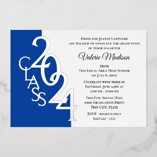 Invitation En Aluminium Classe 2024 Graduation Blue and Silver Foil (Recto)