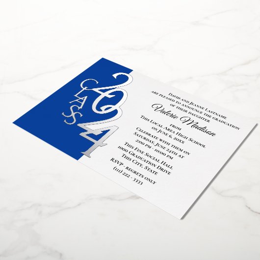 Invitation En Aluminium Classe 2024 Graduation Blue and Silver Foil (Rotation)
