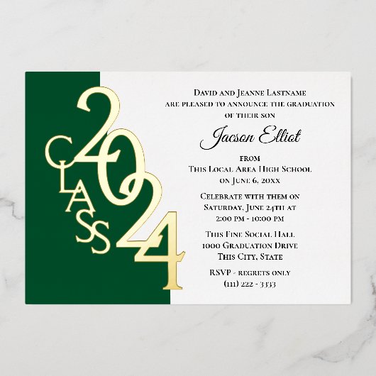 Invitation En Aluminium Classe 2024 Graduation Green and Gold Foil (Recto)