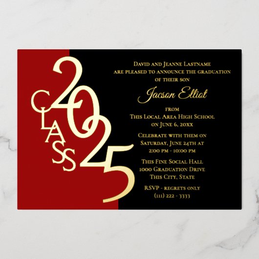 Invitation En Aluminium Classe 2025 Gold Foil avec option de couleur (Recto)