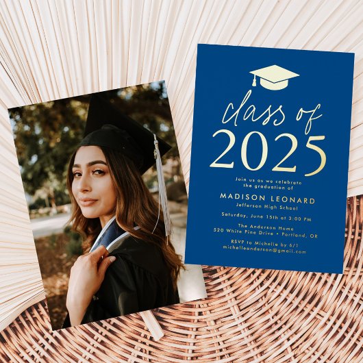 Invitation En Aluminium Classe Blue and Gold Foil de 2023 Graduation Party