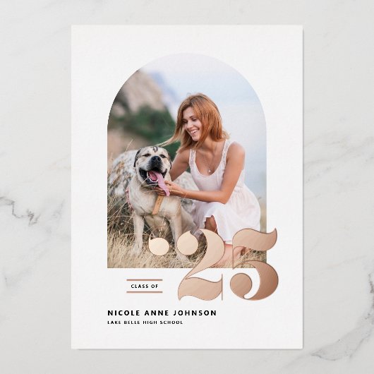 Invitation En Aluminium Classe de 2025 Arch Photo Rose Gold (Recto)