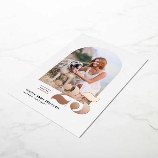 Invitation En Aluminium Classe de 2025 Arch Photo Rose Gold (Rotation)