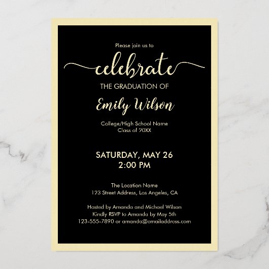 Invitation En Aluminium Classe De 2025 Graduate Chic Black Gold Script (Verso)