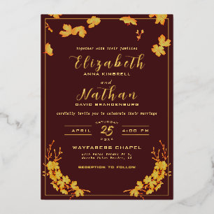 Invitation En Aluminium Classé Elegant Burgundy Gold Floral Mariage