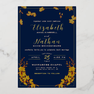 Invitation En Aluminium Classe Elegant or Floral Marine Mariage bleu