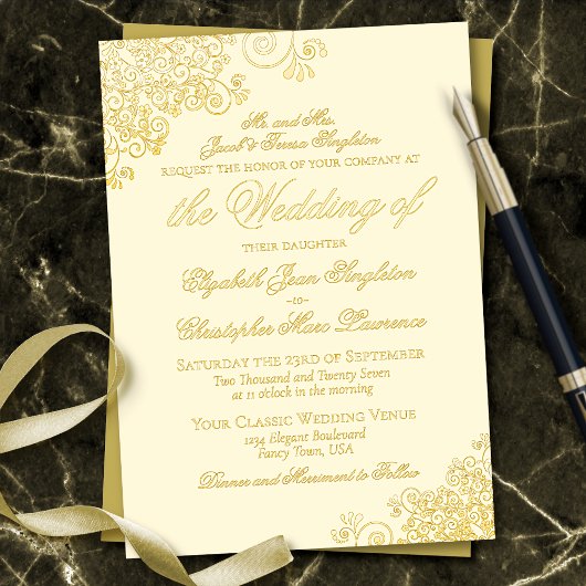 Invitation En Aluminium Classic Elegance Gold sur crème Mariage formel