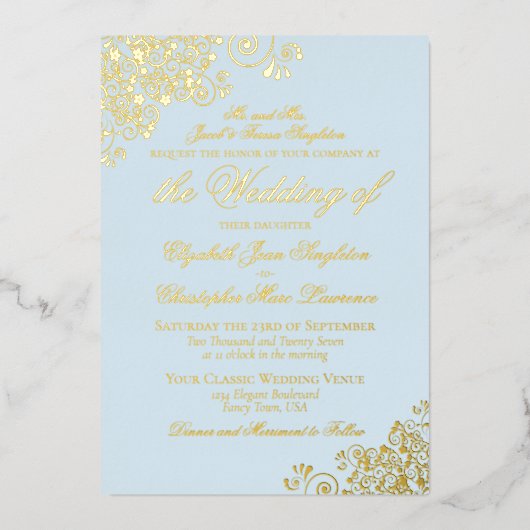 Invitation En Aluminium Classic Elegance Or & Poudre Bleu Mariage formel (Recto)