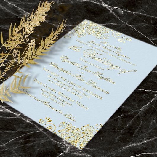Invitation En Aluminium Classic Elegance Or & Poudre Bleu Mariage formel