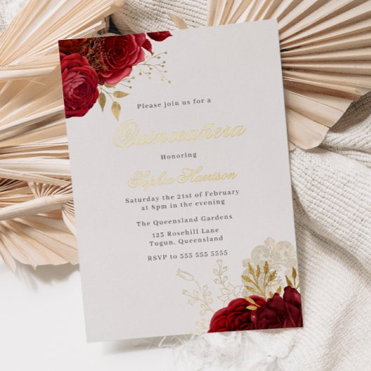 Invitation En Aluminium Classic Elegant Rouge Rose & Or Quinceanera Or