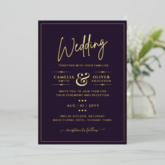 Invitation En Aluminium Classic GOLD FOIL Plum Elegant Classic Mariage (Debout devant)