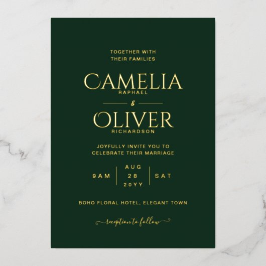 Invitation En Aluminium Classic GOLD FOIL Texte Vert Mariage Élégant (Recto)