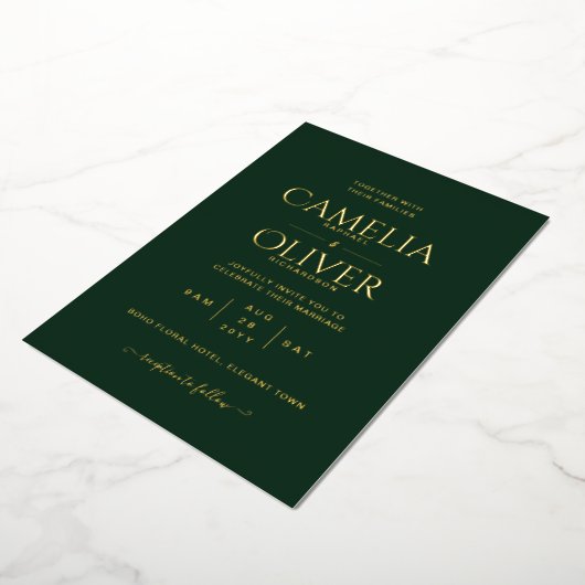 Invitation En Aluminium Classic GOLD FOIL Texte Vert Mariage Élégant (Rotation)