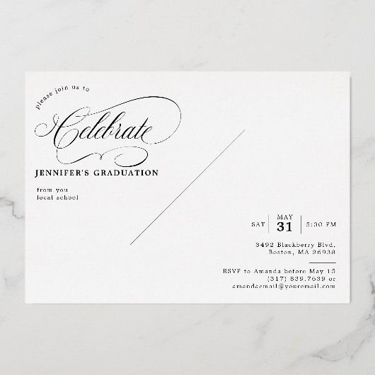 Invitation En Aluminium Classic Script Graduation Bleu & Argent (Verso)