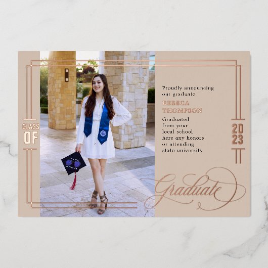 Invitation En Aluminium Classic Script Graduation Taupe & Rose Gold (Recto)