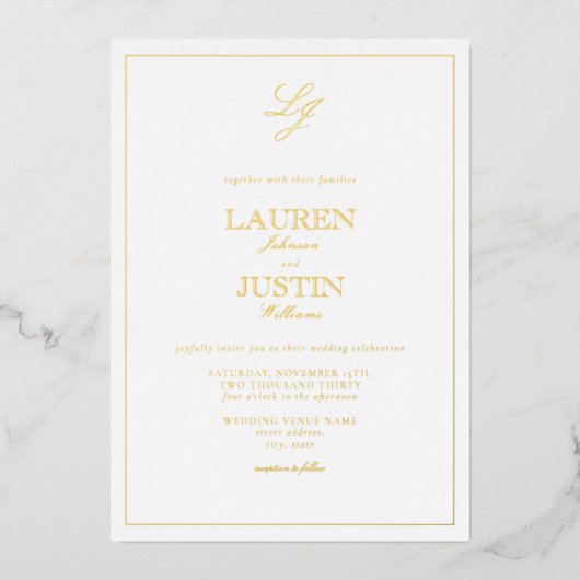 Invitation En Aluminium Classic Script Monogramme Photo Mariage Gold (Recto)
