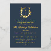 Invitation En Aluminium classique Marine Bleue monogrammée mariage or crêt (Recto)