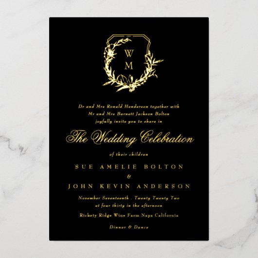 Invitation En Aluminium classique noir monogrammé mariage or crête (Recto)