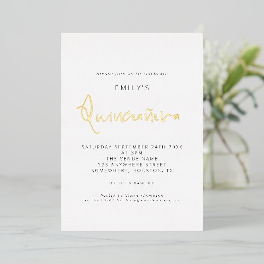 Invitation En Aluminium Classique Quinceanera Script moderne Real Foil Inv (Debout devant)