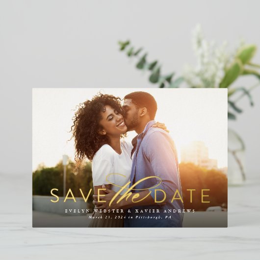 Invitation En Aluminium Classique simple enregistrer la date une photo (Debout devant)