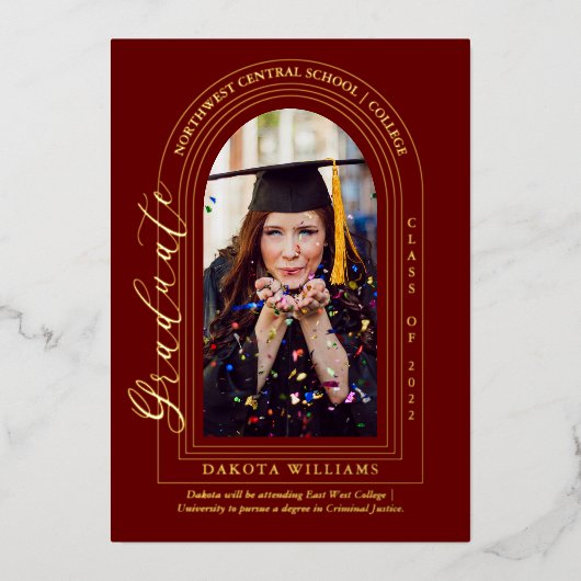 Invitation En Aluminium Classy Elegant Arched Photo Maroon Graduation (Recto)