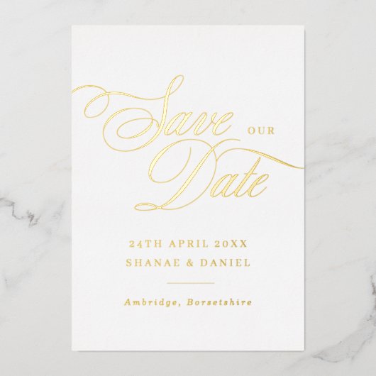 Invitation En Aluminium Classy Gold & White Script Photo Enregistrer La Da (Recto)