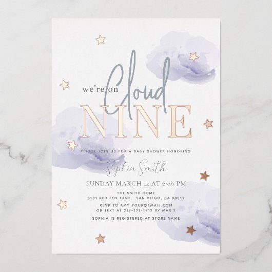 Invitation En Aluminium Cloud 9 Lavender Nuages Aquarelle Baby shower garç (Recto)