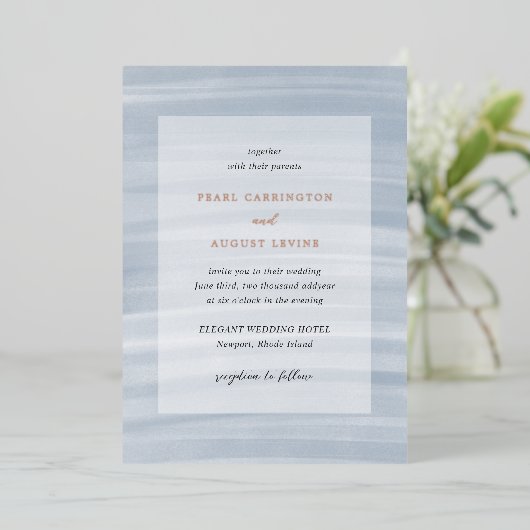 Invitation En Aluminium Coastal Chic Muted Blue Mariage élégant (Debout devant)