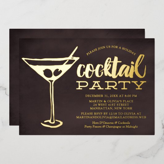 Invitation En Aluminium Cocktail du Nouvel An Chic Martini (Recto/Verso)