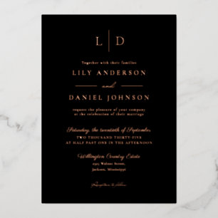 Invitation En Aluminium Code QR de monogramme élégant noir Mariage Or rose