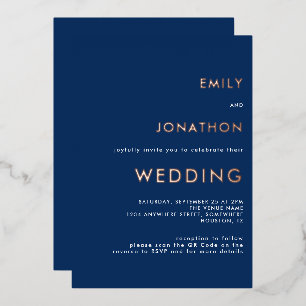 Invitation En Aluminium Code QR de texte simple Mariage Marine Rose Or Rée