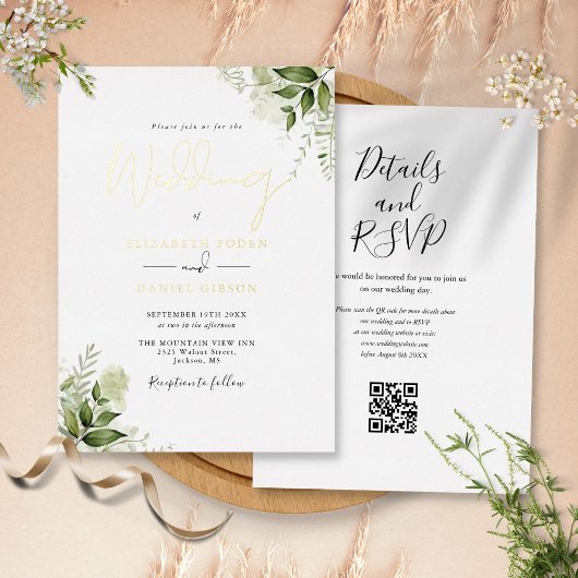 Invitation En Aluminium Code QR de verdure rustique Élégant mariage or