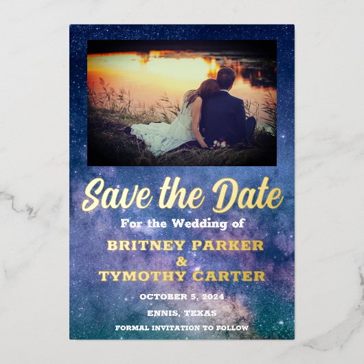 Invitation En Aluminium Code QR moderne Photo Galaxie céleste Mariage (Recto)