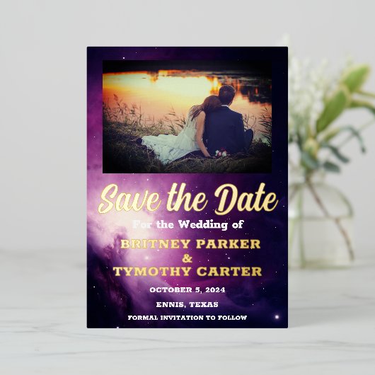 Invitation En Aluminium Code QR moderne Photo Galaxie céleste Mariage (Debout devant)