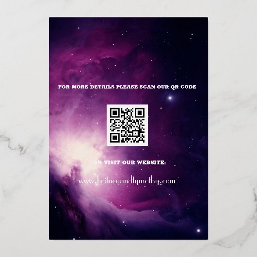 Invitation En Aluminium Code QR moderne Photo Galaxie céleste Mariage (Verso)