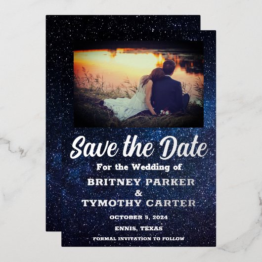 Invitation En Aluminium Code QR moderne Photo Galaxie céleste Mariage (Recto/Verso)