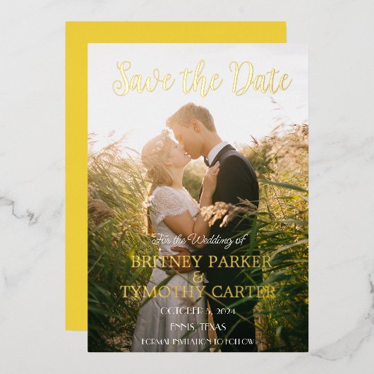 Invitation En Aluminium Code QR moderne photo Mariage de script jaune (Recto/Verso)