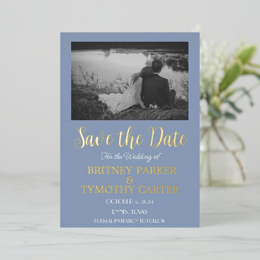 Invitation En Aluminium Code QR moderne Script photo Dusty Mariage bleu (Debout devant)