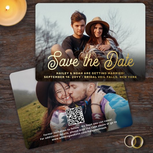 Invitation En Aluminium Code QR Script Rétro 2 Photo Mariage Enregistrer l