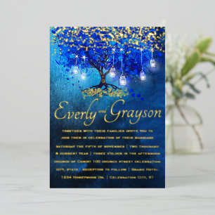 Invitation En Aluminium Cœur de feuille d'arbre bleu royal Mariage or