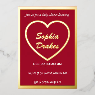 Invitation En Aluminium Coeur d'or classique sur le Baby shower rouge de B