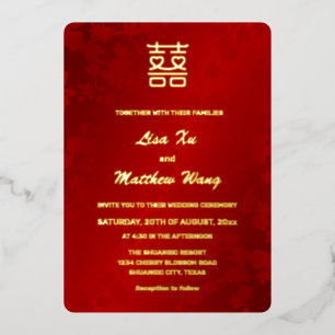 Invitation En Aluminium Cœur Double Bonheur Rouge Or Mariage Chinois