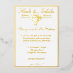 Invitation En Aluminium Coeur & Rose, Elégant Mariage blanc, Gold Full