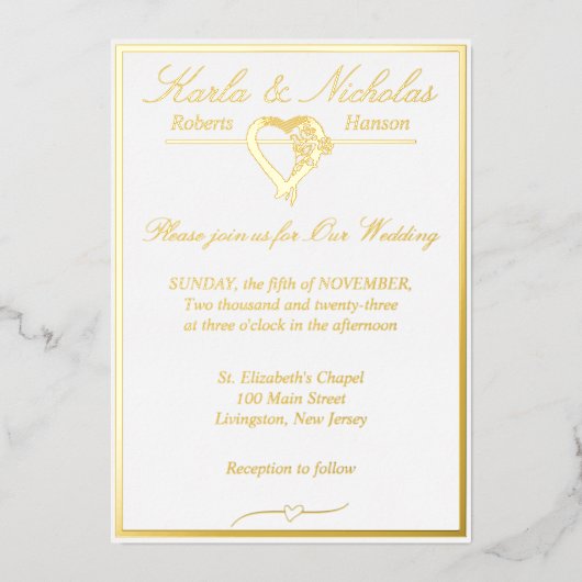 Invitation En Aluminium Coeur & Rose, Elégant Mariage blanc, Gold Full (Recto)
