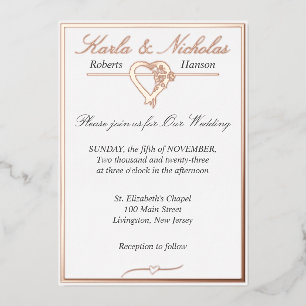 Invitation En Aluminium Coeur & Rose, Mariage blanc élégant,