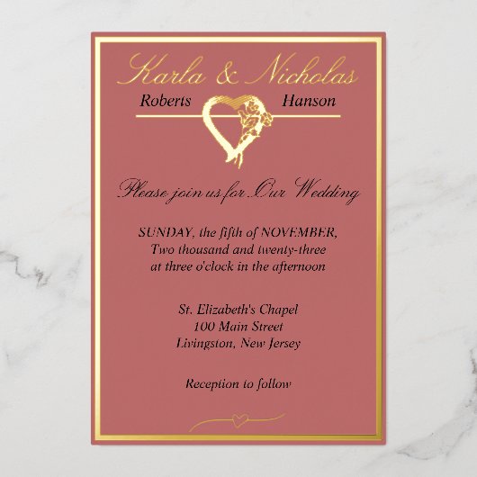 Invitation En Aluminium Coeur & Rose, Rose de cannelle Mariage (Recto)