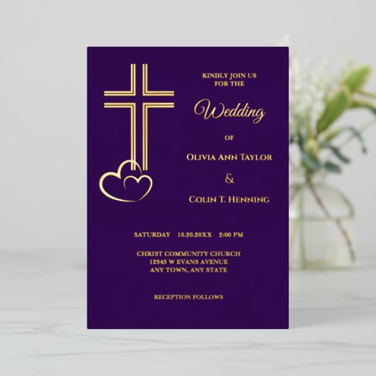 Invitation En Aluminium Coeurs croisés double ligne sur Mariage pourpre (Debout devant)