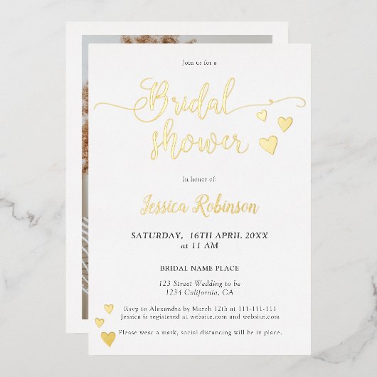 Invitation En Aluminium Coeurs simples écriture or chic nuptiale photo (Recto/Verso)